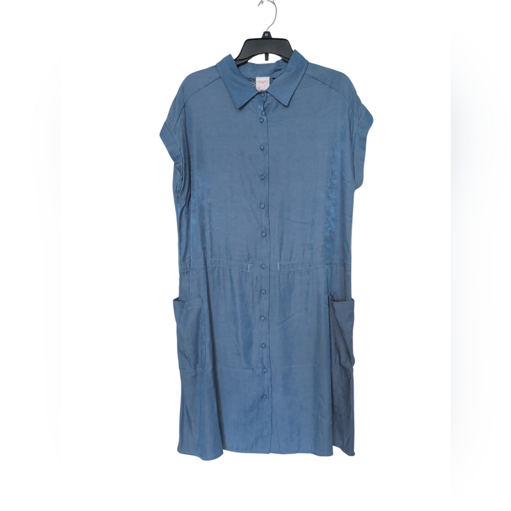 🌸NEW LUNA Blue Chambray Denim Crochet Button-Front Pocketed Shirt Dress Plus 1X